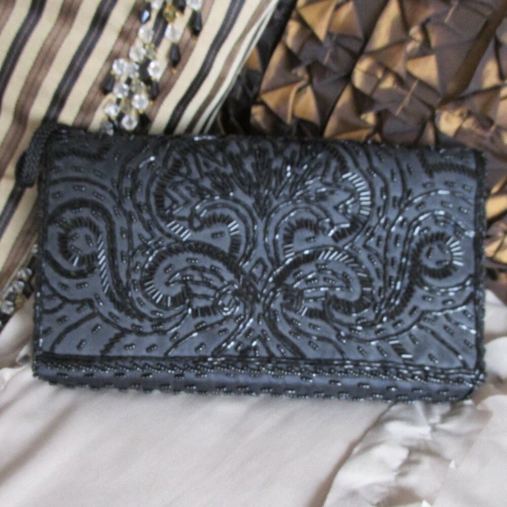 black beaded satin clutch wallet